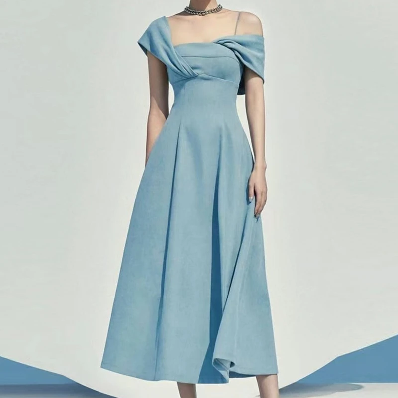 

Blue Strapped Dress Women 2023 Asymmetry Diagonal Collar Elegant Long Party Vestido Ladies Sleeveless Asymmetric Womens Clothing
