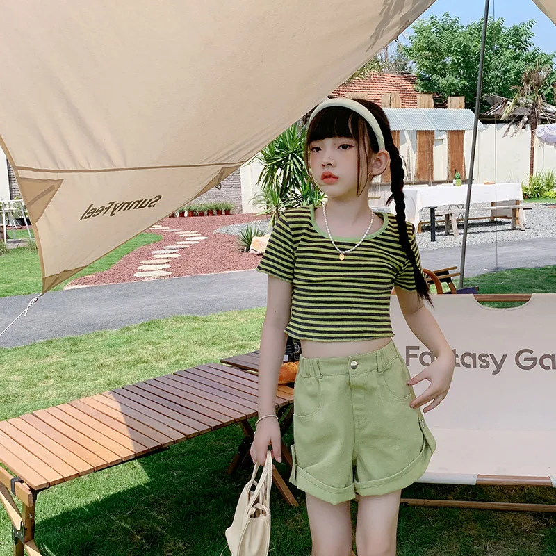 

Girls Summer Striped Set Children Korean Casual Short Sleeve T Shirt Crop Top + Shorts 2pcs Outfit Teenager Clothes 8 10 11 12 Y