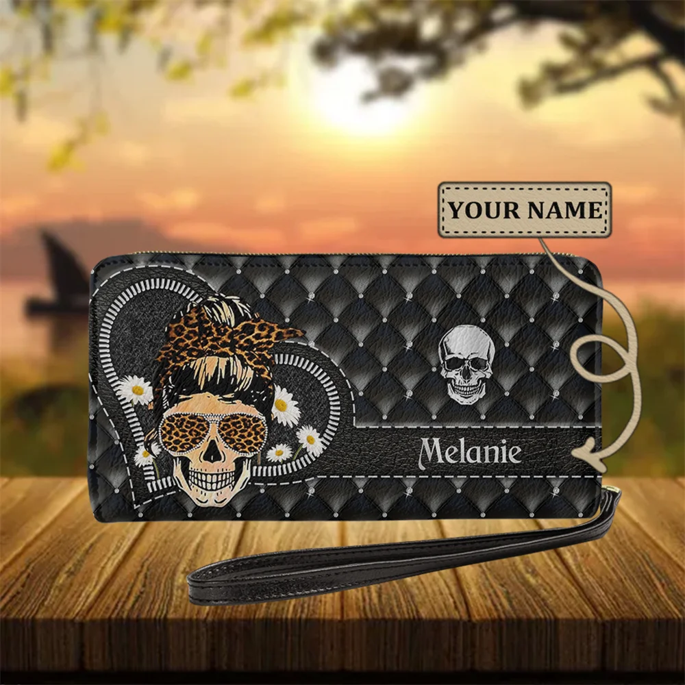 

Gothic Skull Brand Design Black Leather Women Wallet Mexican Skeleton Long Zipper Coin Purses Designer Luxury Card Holder Female