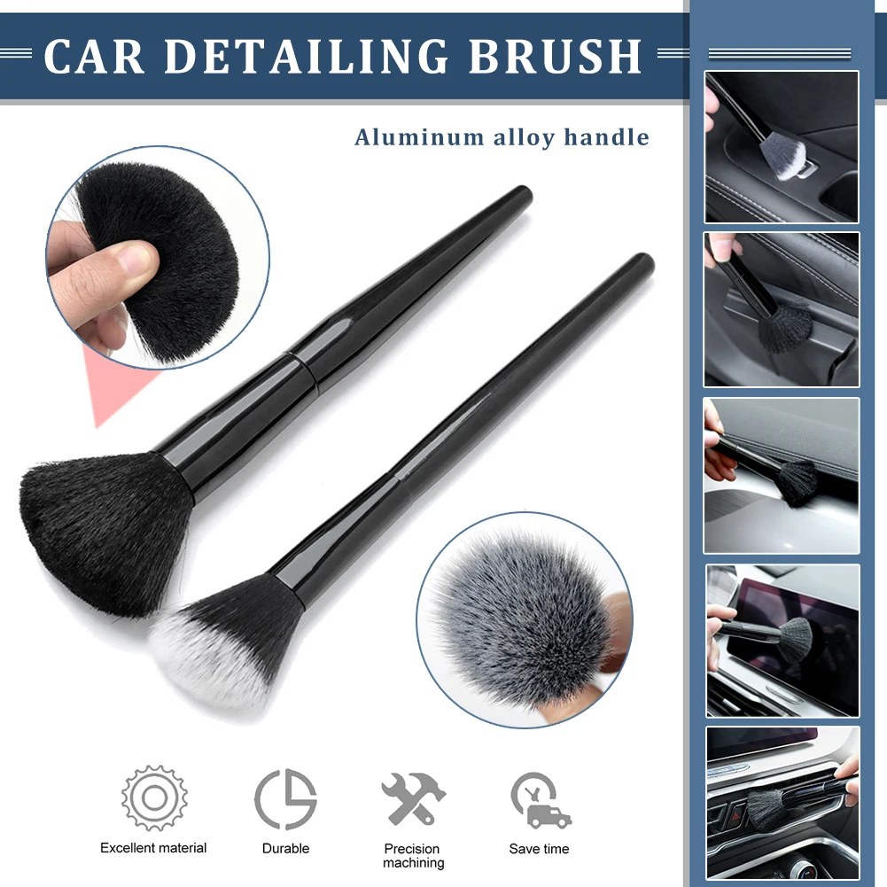 

2Pcs Car Detailing Brush Aluminum Alloy Handle Nylon Soft Bristles Dashboard A/C Air Outlet Cleaning Brush Set Dust Removal Tool