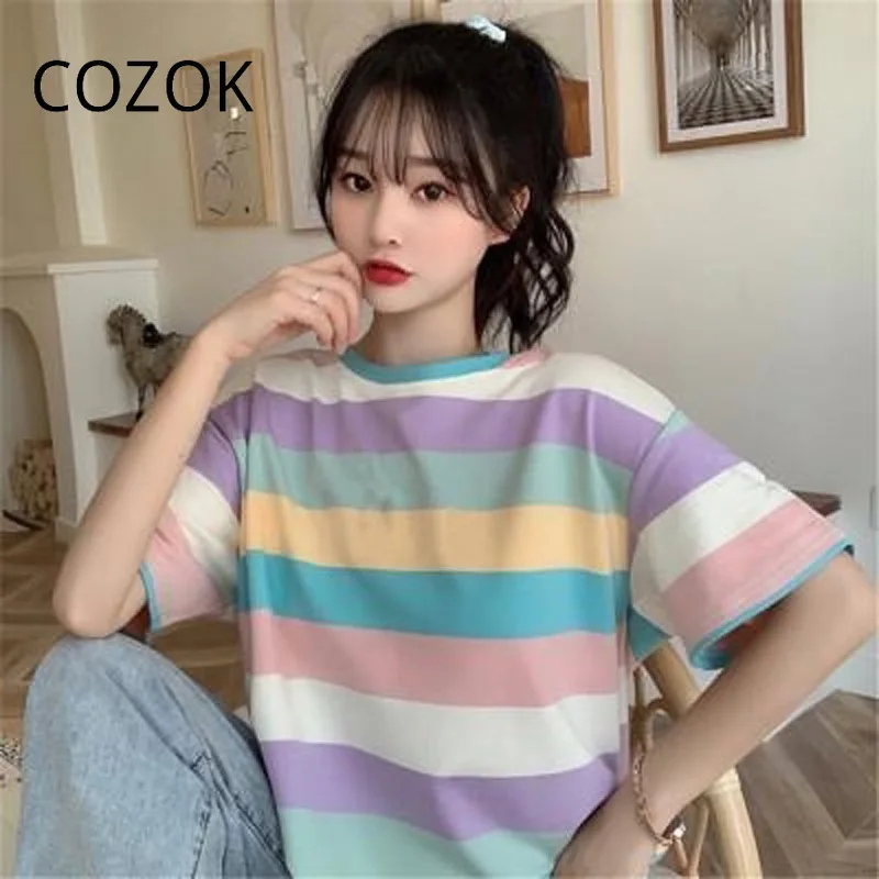 

COZOK Summer New Korean Version Of Rainbow Casual Loose Short-Sleeved T-Shirt Female Trendy Student Top Clothes Women's Clothing