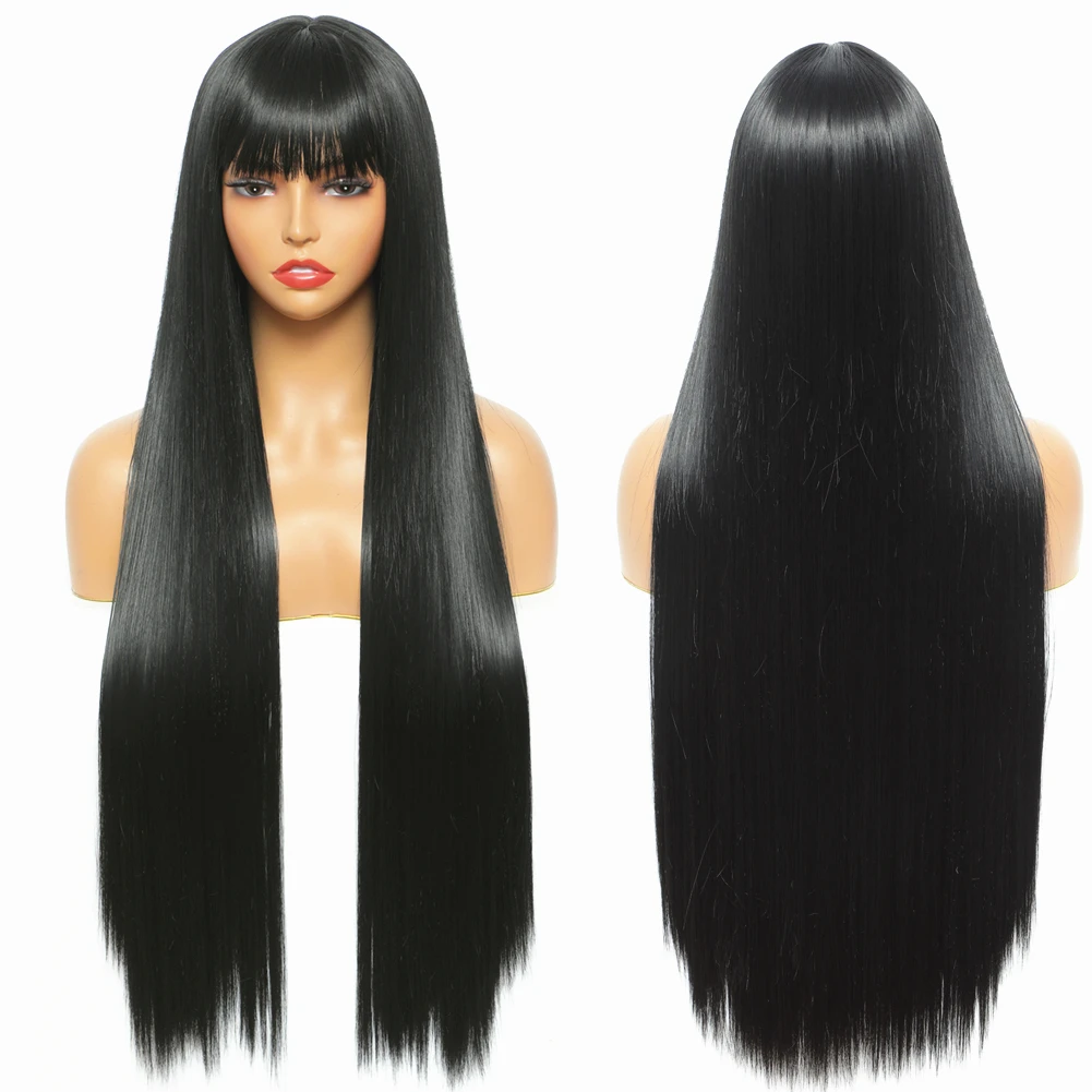 

Synthetic Hair Super Long Straight Wig with Bangs for Women 32" Simulated Scalp for Ladies Cosplay Party Fancy Dress Daily Use