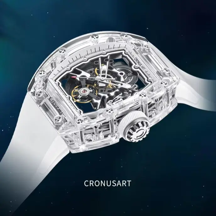 Фото Мужские автоматические часы CRONUSART 50 мм, механические наручные часы Tonneau, акриловый корпус, светящийся сапфировый циферблат, ремешок FKM, скелетонизированный циферблат №4