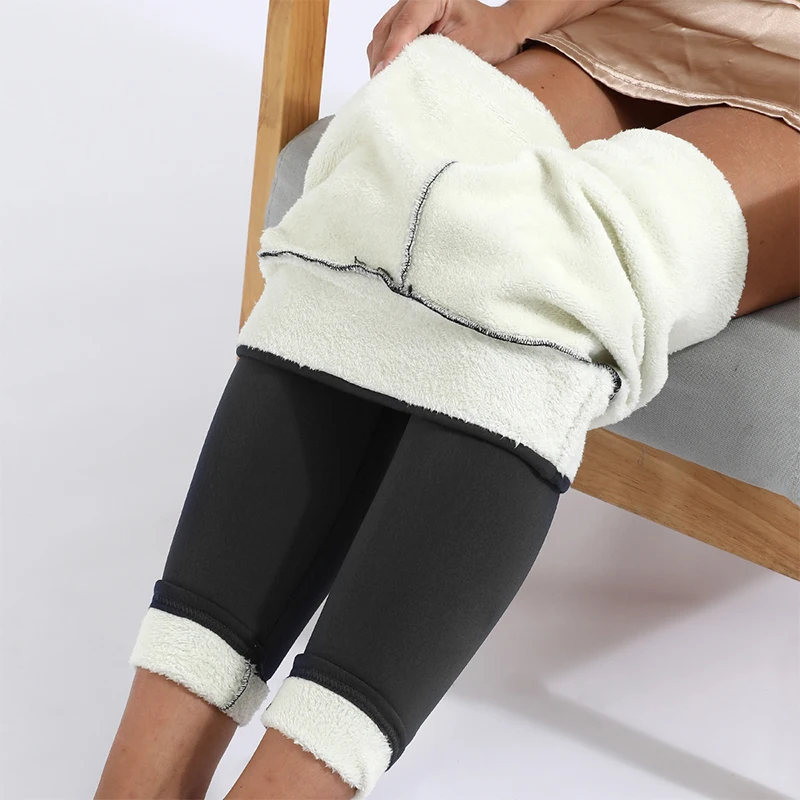 Large Size Warm Leggings With Fleece Fall/Winter Women's Lamb Fleece Thick Stretch Stylish Black Small Leg Pants With Hip Lift