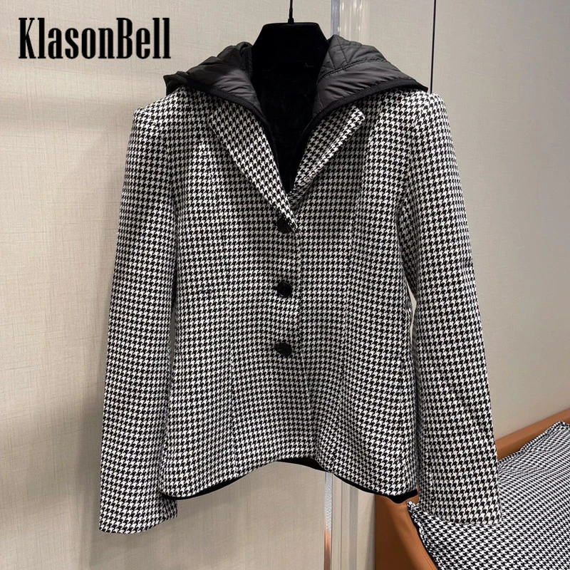 

9,10 Klasonbell осенне-зимний новый комплект из 2 предметов, клетчатый жилет с капюшоном с узором ромбиками + блейзер с вышивкой из твида, Женское па...