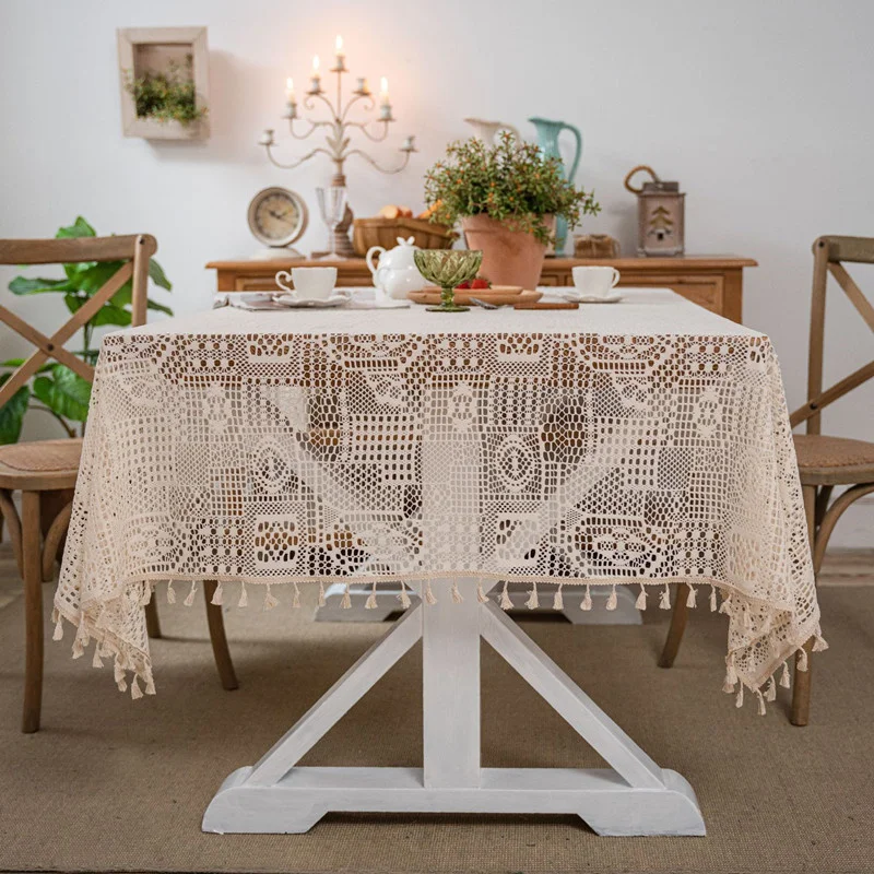 Pastoral Hand Crochet Fringe Trim Rectangle Pattern Beige Tablecloth Piano Sofa Dining Cover Set Christmas Wedding Decoration