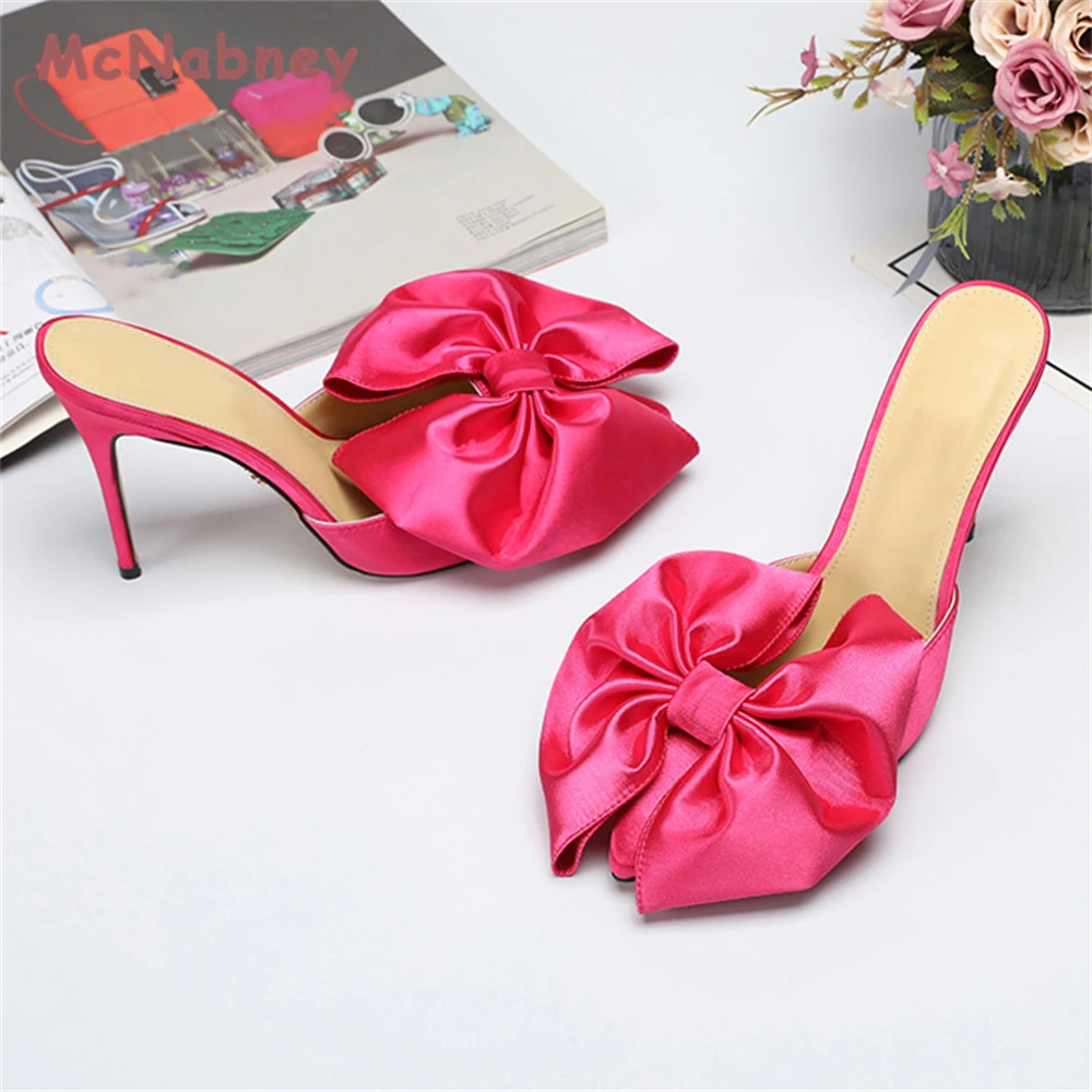 Women Summer New Pointed Toe Bow-Knot Slippers Fashion Thin High Heels Sandals Female Sexy Casual Outdoor Slides Shoes