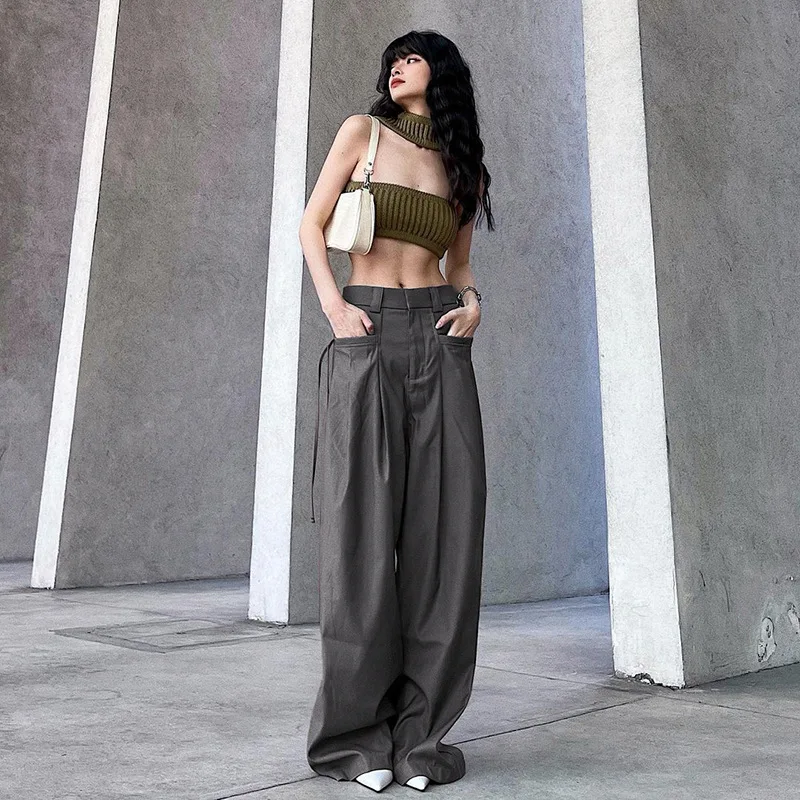 

Retro street low waist loose wide leg pants temperament pleated pocket all-match casual pants trousers women