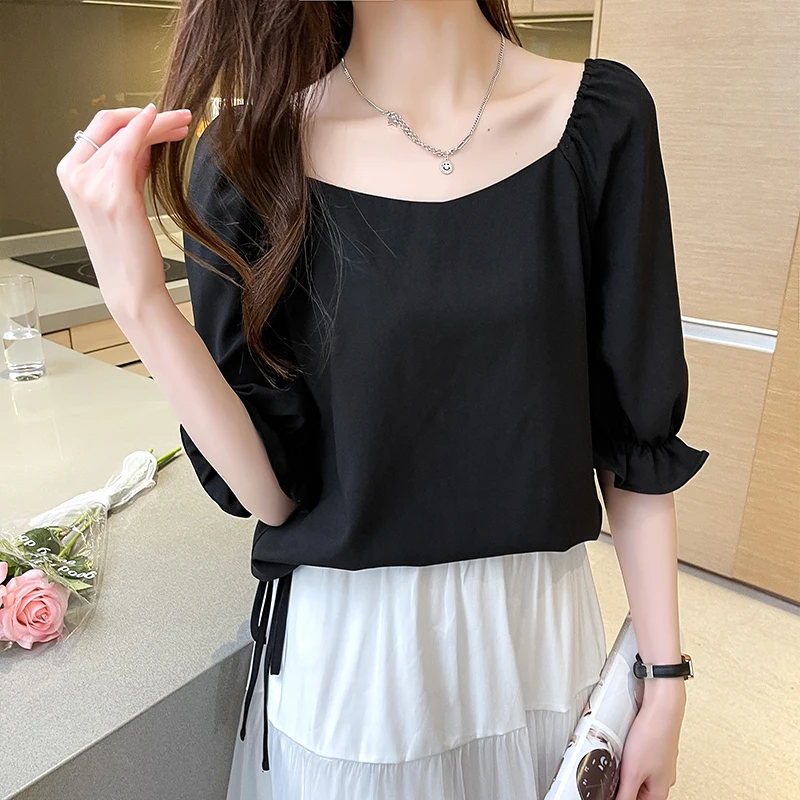 

Женская шифоновая блузка с коротким рукавом, повседневная однотонная черная тонкая офисная блузка с V-образным вырезом в Корейском стиле, в...