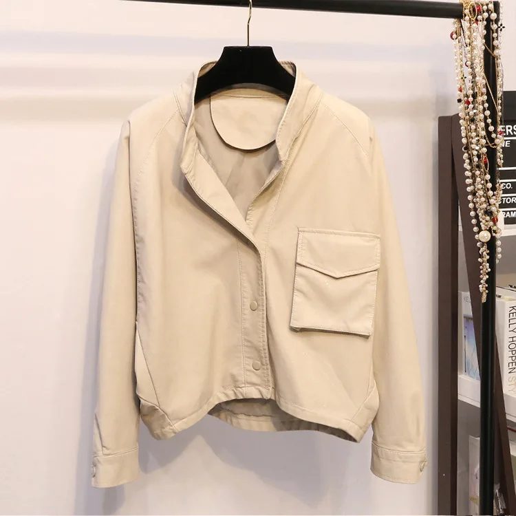 Loose version of women's leather clothing waist cover three-dimensional pocket motorcycle suit leather jacket women's wear