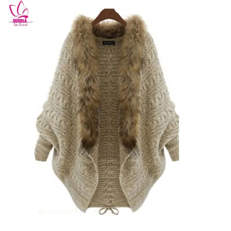 

SUSOLA New Winter Trend Knitted Cardigan Women Bat Cape Shawl Collar Trend Female Faux Fur Coats Overcoat Outwear