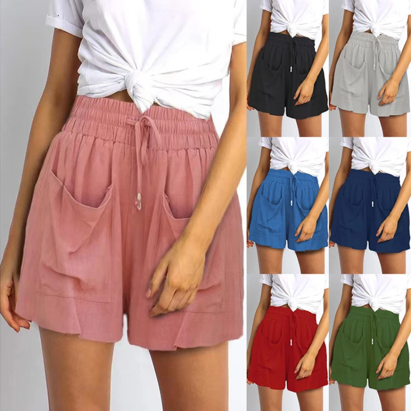 Casual Polyester Cotton women's Shorts Wide Leg Elastic High Waist Shorts With Pockets Summer Female Clothing