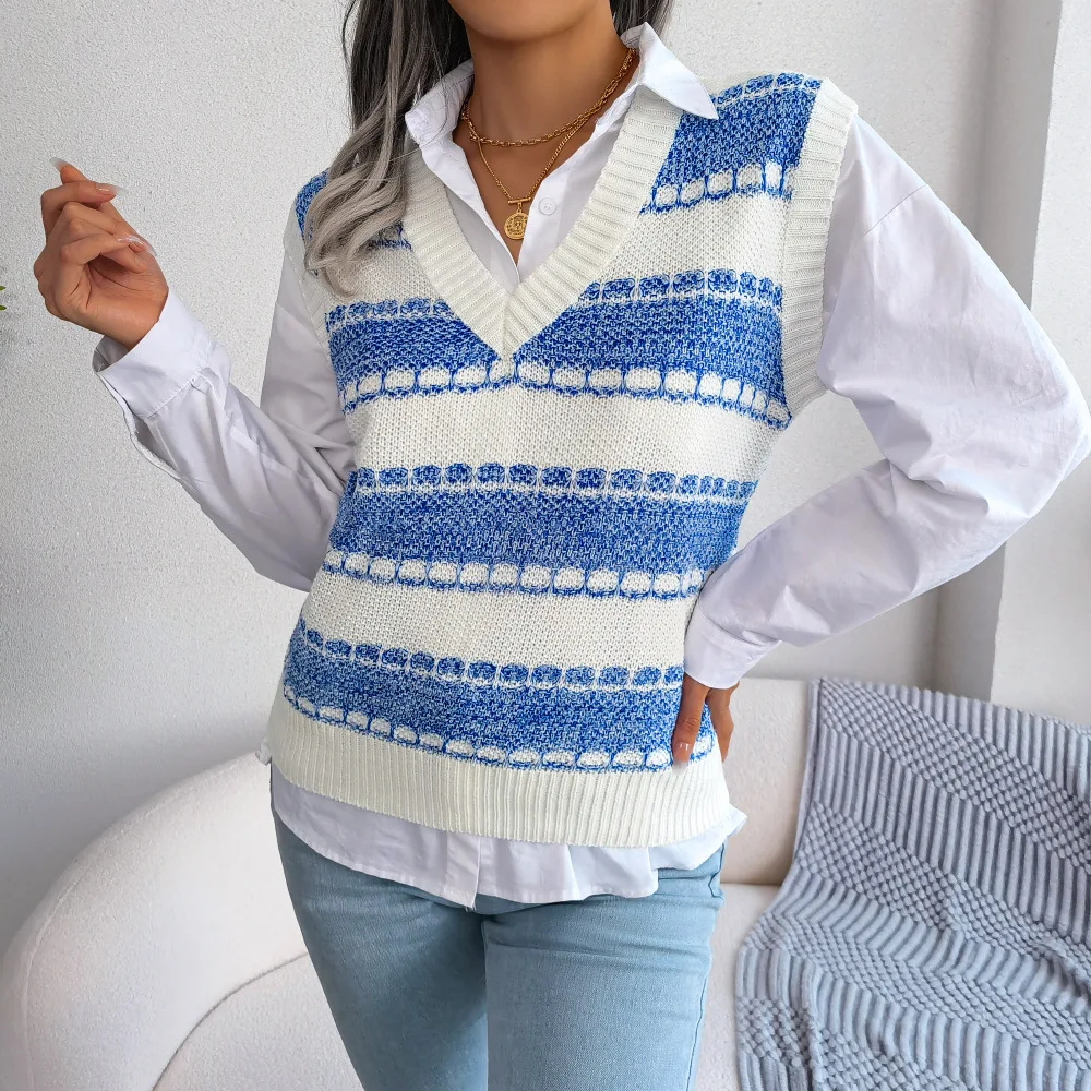 

2023 Autumn And Winter Women's Fashion V-neck Color Stripe Knitted Vest Sweater