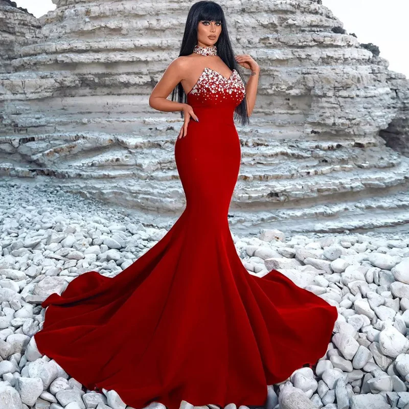 

Женское вечернее платье-русалка, красное платье с кристаллами, украшенное бусинами, на заказ, роскошное платье для выпускного вечера