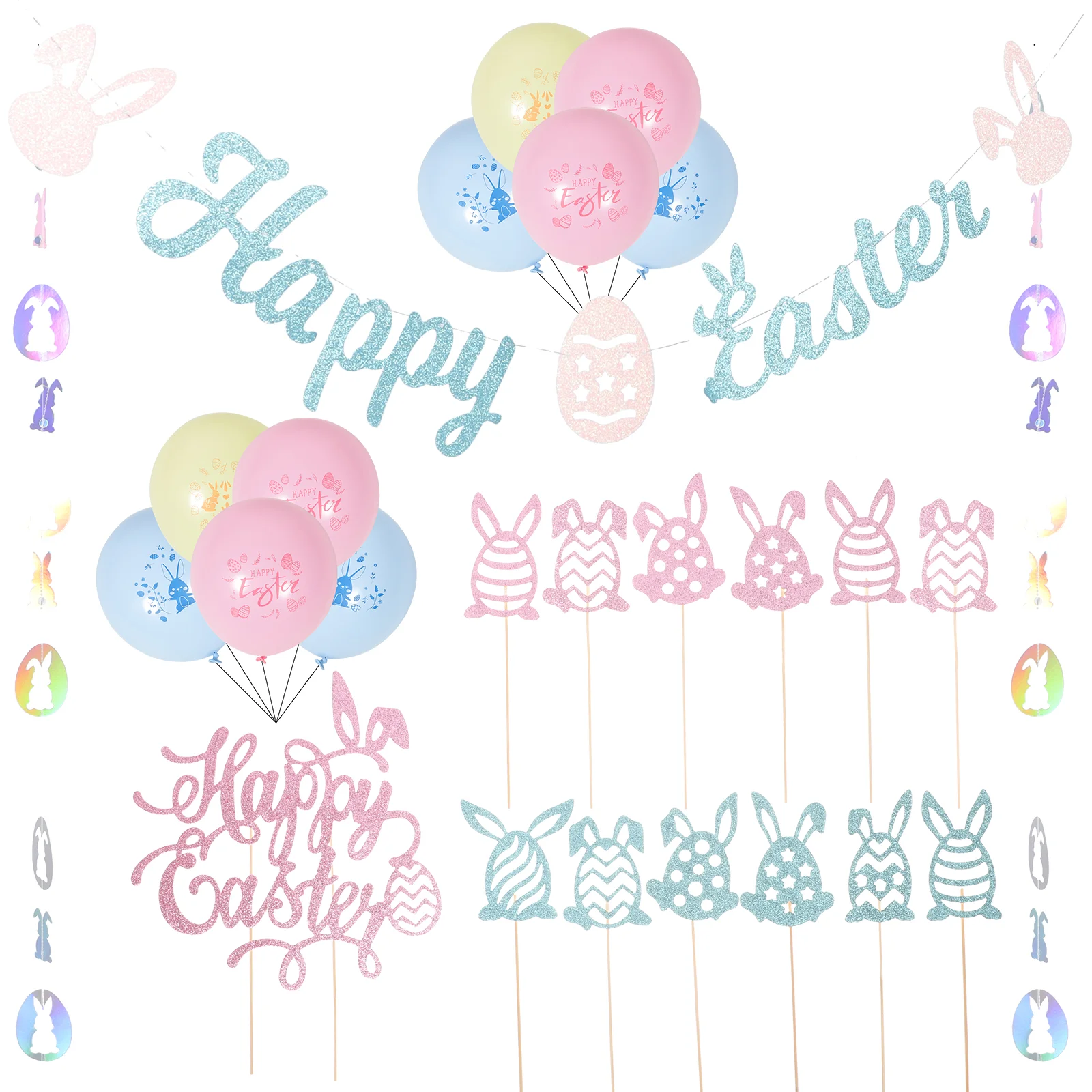 

Easter Decorations Party Happy Bunny Cake Hanging Decor Supplies Banners Balloons Balloon Banner Latex Topper Cupcake Picks