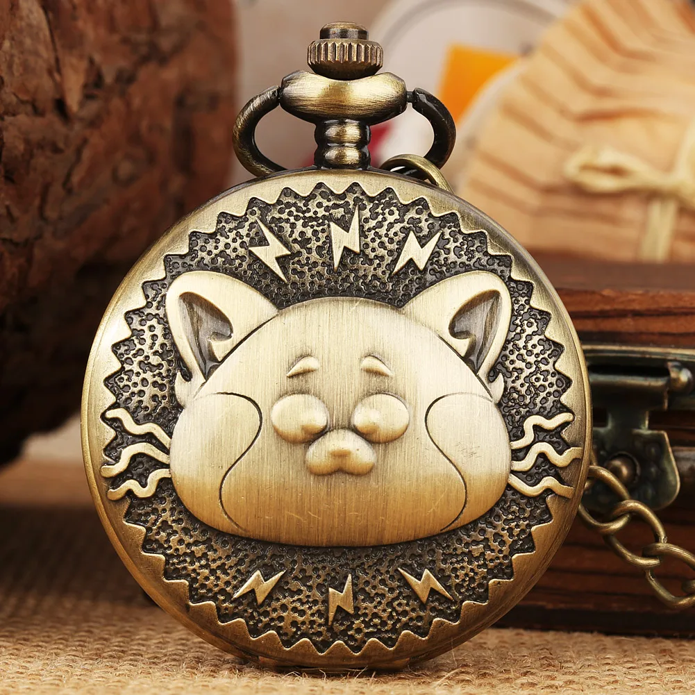 

Cute Cat Head Case Pocket Watch Pendant Bronze Quartz Pocket Watches Necklace White Dial Roman Numeral Clock Gift for Friends