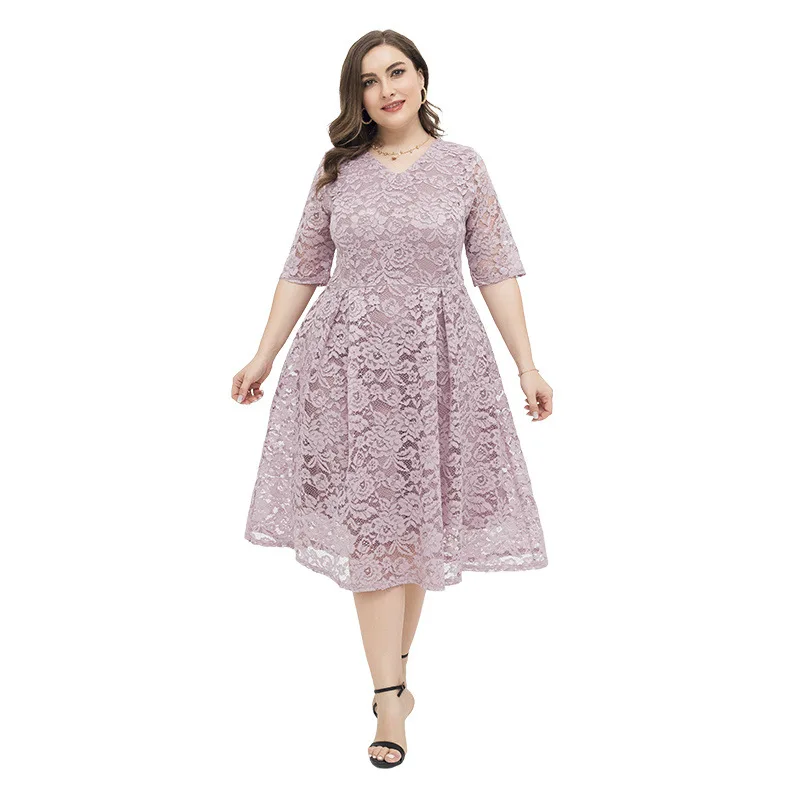 Oversized Elegant Women Dress Lace V-neck Half Sleeve Big Swing Midi Dresses Party Cocktail Evening Female Vestidos Plus Size