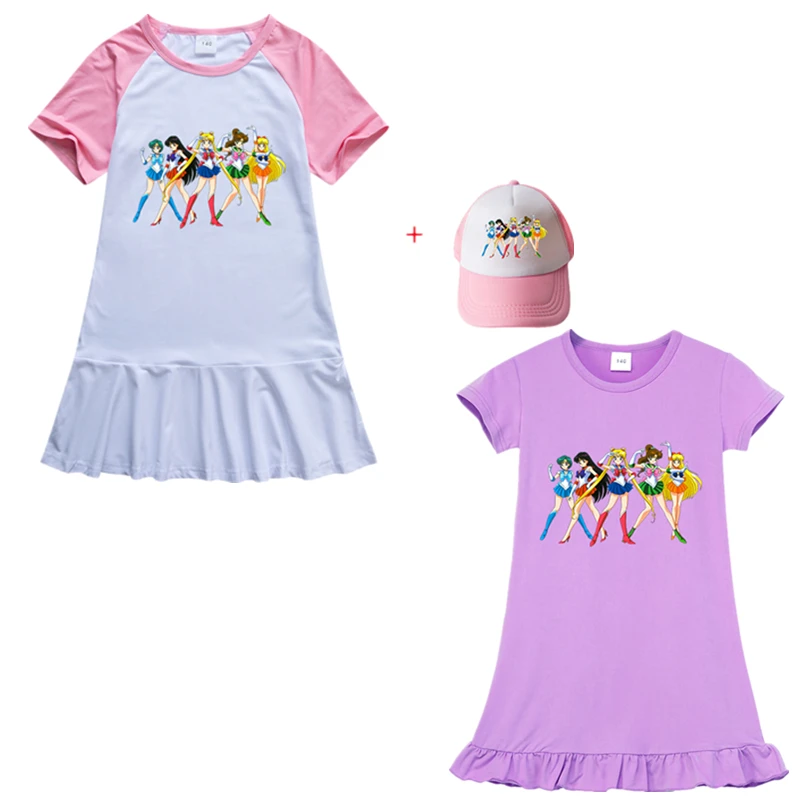 Купи Summer Girls Cartoon Sailor Moon Print Round Neck Cotton Short Sleeve Ruffles Casual Sports Home Dress + Hat за 701 рублей в магазине AliExpress