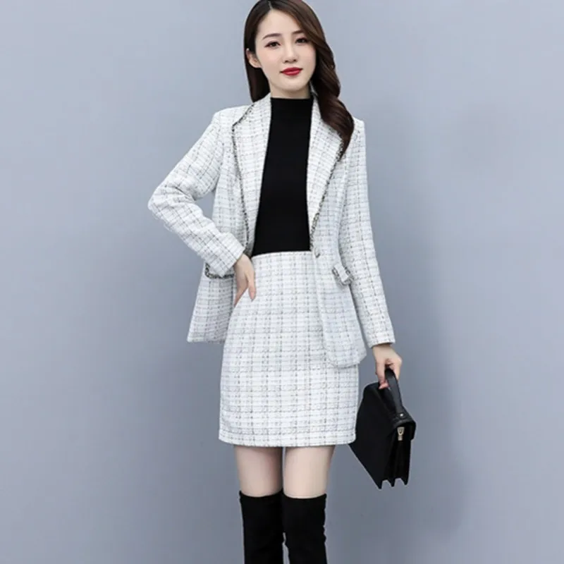 

Winter Women's Suit Elegant Fashionable Houndstooth Plaid Wool Coat Short Skirt Two-piece Set Female Clothes
