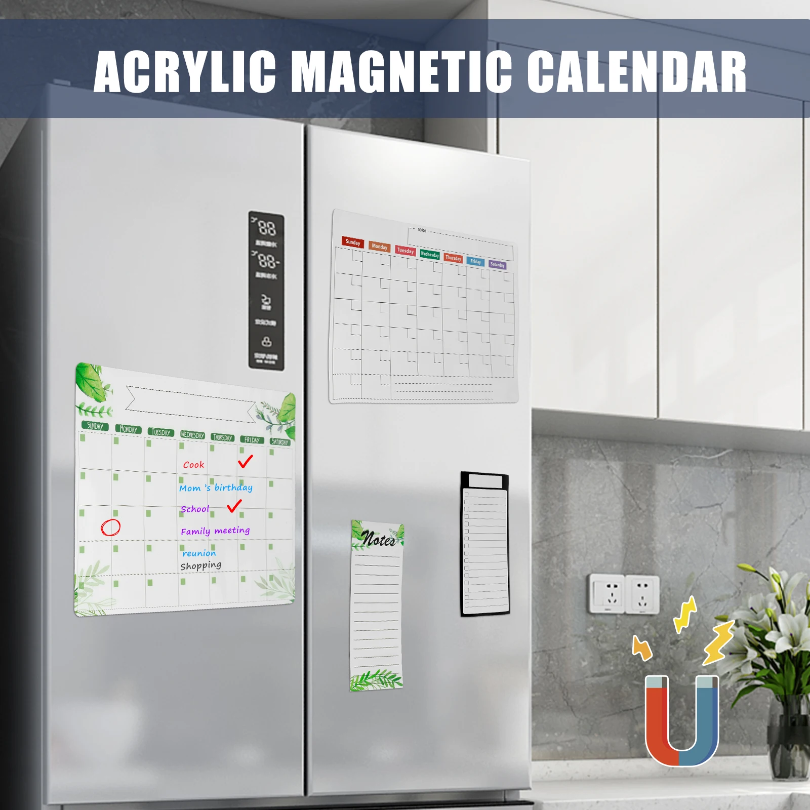 

Магнитный календарь на холодильник 2 шт., многоразовый Органайзер с 5 маркерами, магнитная доска для еды, ластик, держатель для ручек