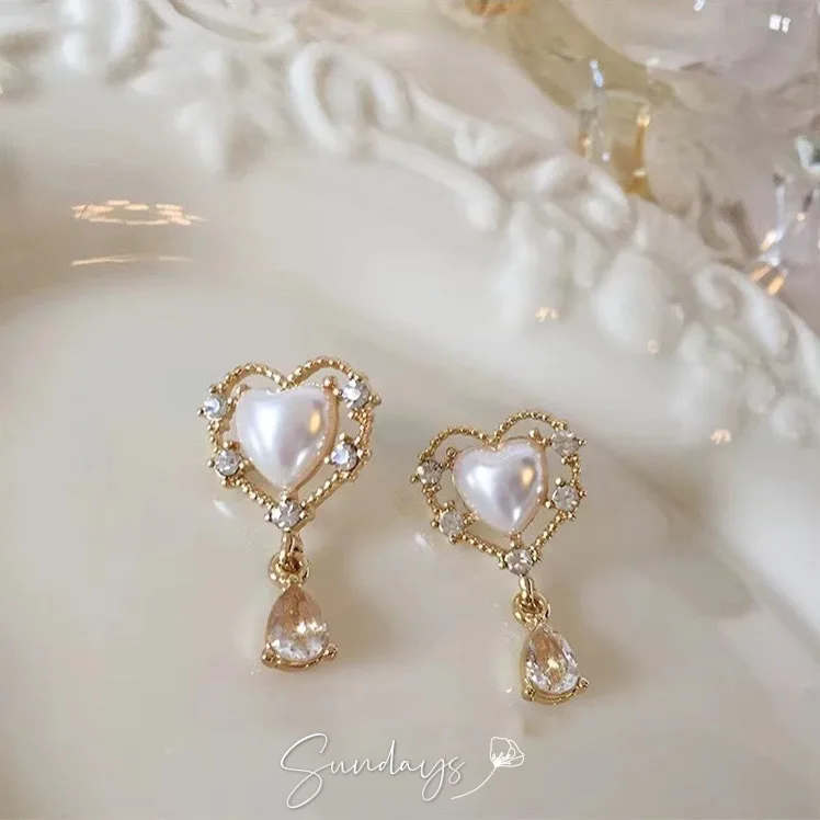 

French Romantic Sweet Pearl Heart-shaped Earrings Korea Elegant Simple Accessories Party Exquisite Jewelry For Woman Girls Gift