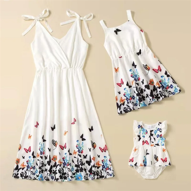 Family Set Butterflies Mother Daughter Matching Dresses Tank Mom Mum Baby Mommy and Me Clothes Outfits Fashion Women Girls Dress