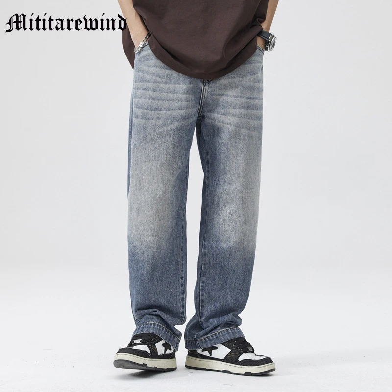 

Мужские классические синие джинсы, Новые Модные Винтажные прямые джинсовые брюки в американском стиле, Свободные повседневные Молодежные брюки с широкими штанинами Y2k