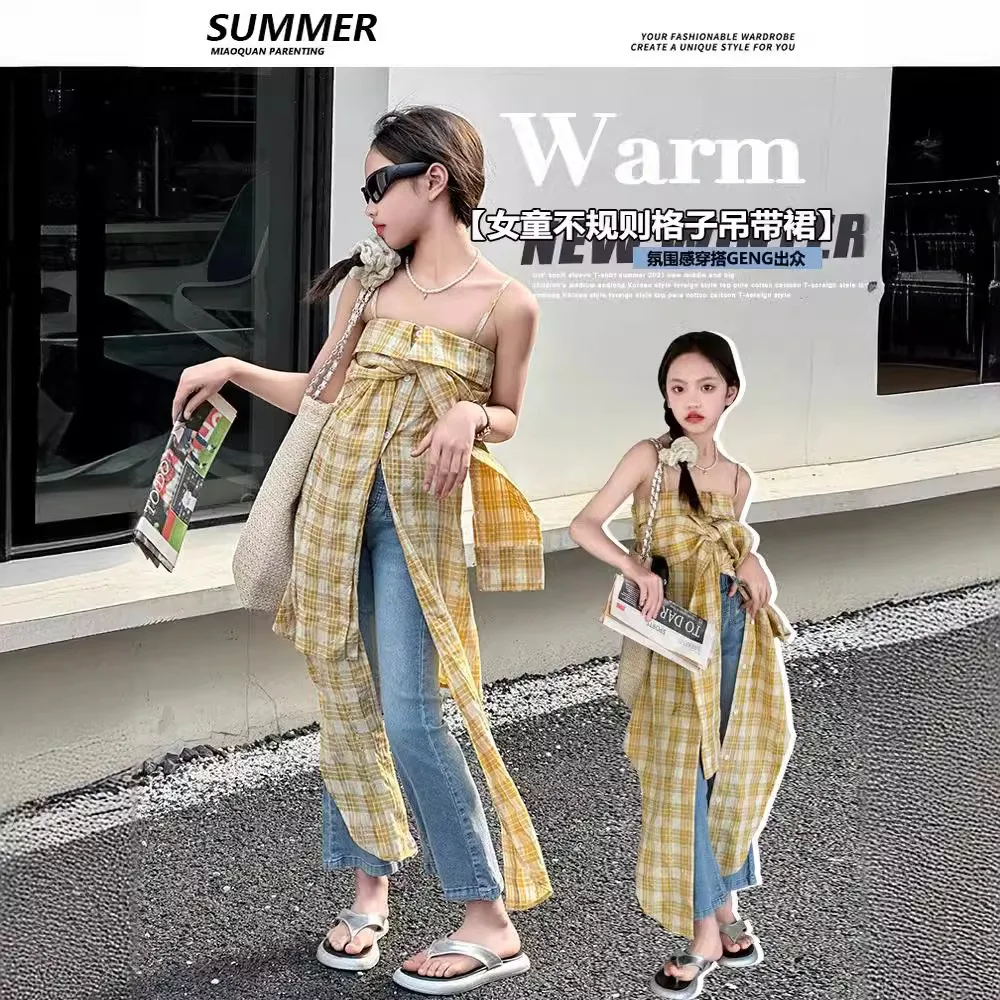Платье для девочек в Корейском стиле Новинка лета 2024 клетчатый сарафан без