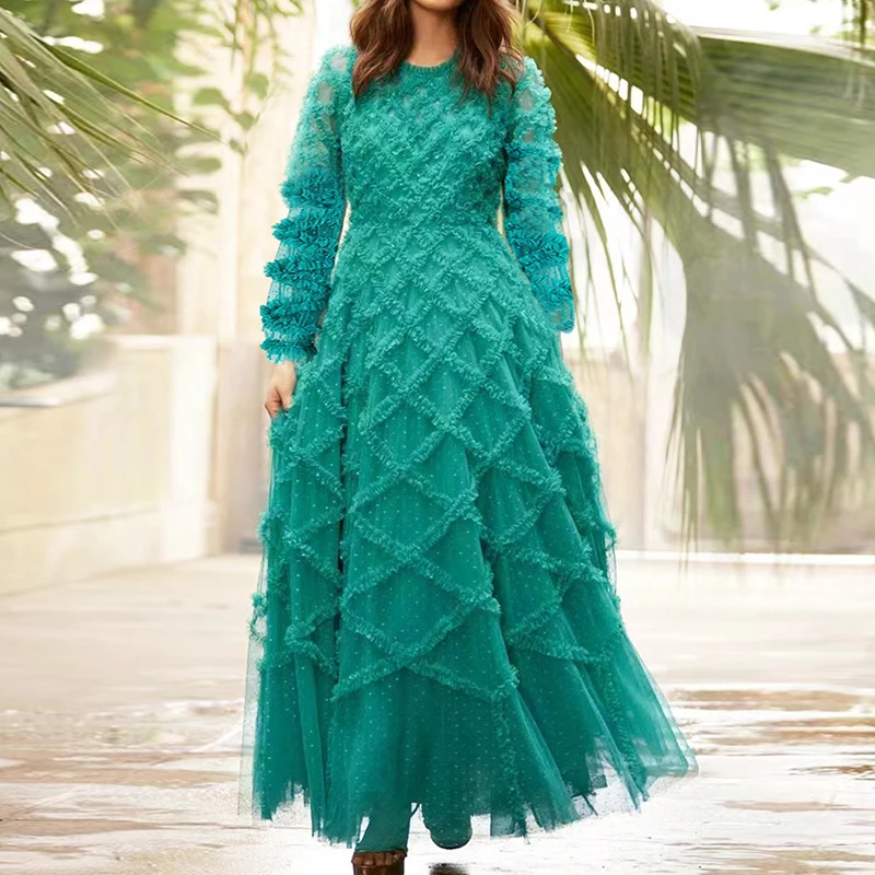 

Дизайнерское модное женское винтажное платье-макси QHZ в горошек с длинными рукавами, элегантное Сетчатое облегающее роскошное длинное платье с оборками