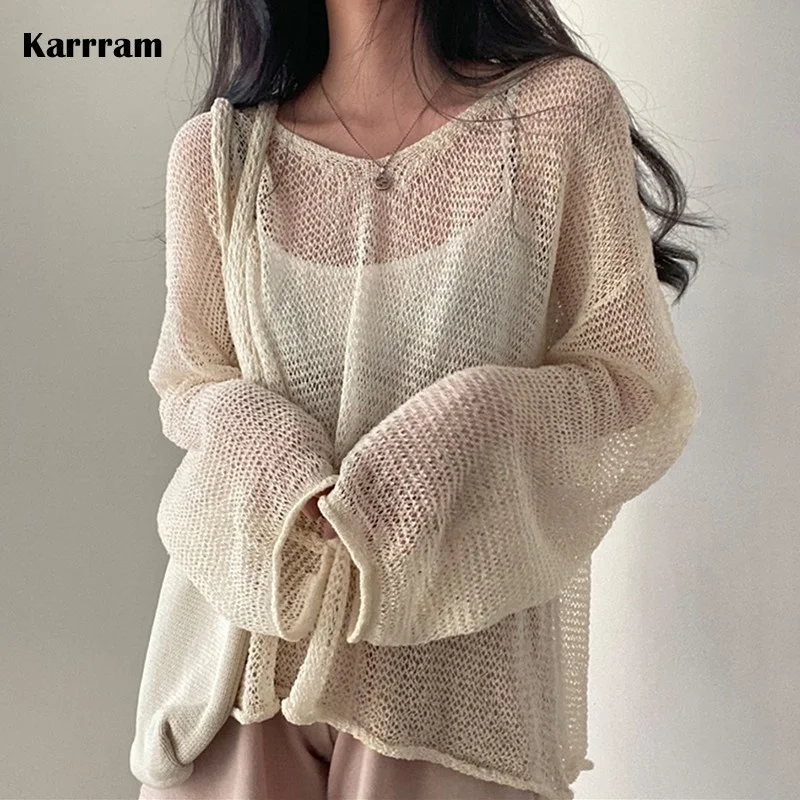 

Karrram Lazy Style Full Sleeves Jumpers Tops Hollow Out Sexy Women Fashion Casual Streetwear Chic Femme Sweaters Pullovers