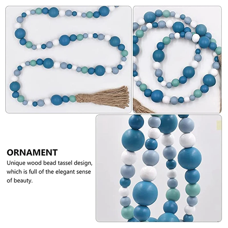 Blue Wood Bead Wreath Nautical Farmhouse Country Style Beaded With Twine Tassels For Home Room Decor