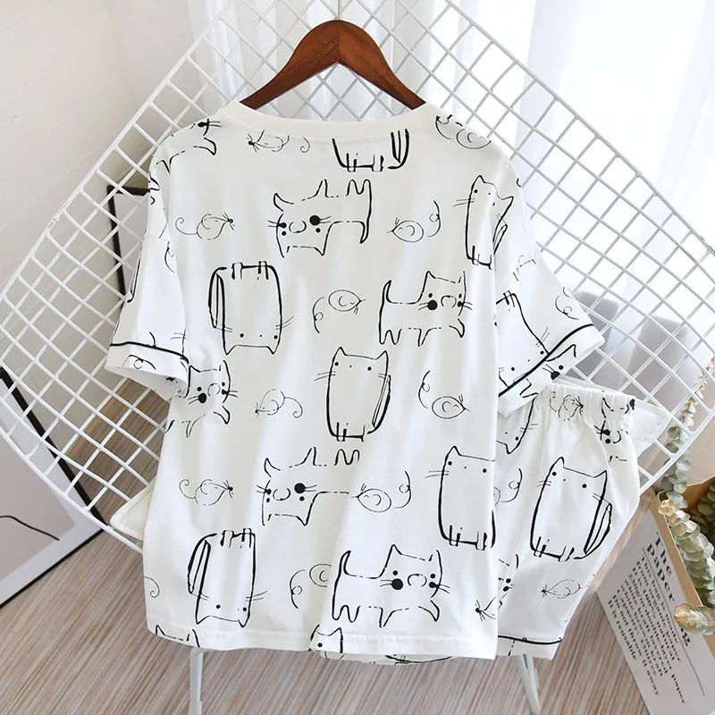 Round Neck Short Sleeves Knitted Cotton Pajamas Set For Women Cartoon Pyjamas Pijamas Set Summer Soft Sleepwear