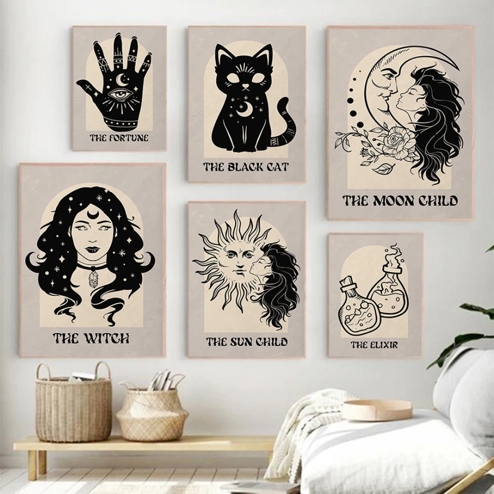 

Witch Tarot Poster Abstract Celestial Canvas Painting Bohemian Astrology Art Printing Scandinavian Mural Living Room Decoration