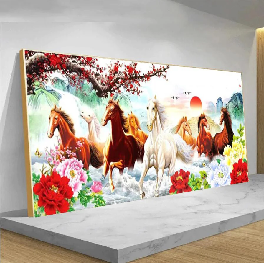 

Алмазная 5D картина «сделай сам», 8 лошадей, восход солнца, пейзаж, цветок, мозаика, полная Алмазная вышивка, искусство бриллиантов YG3006