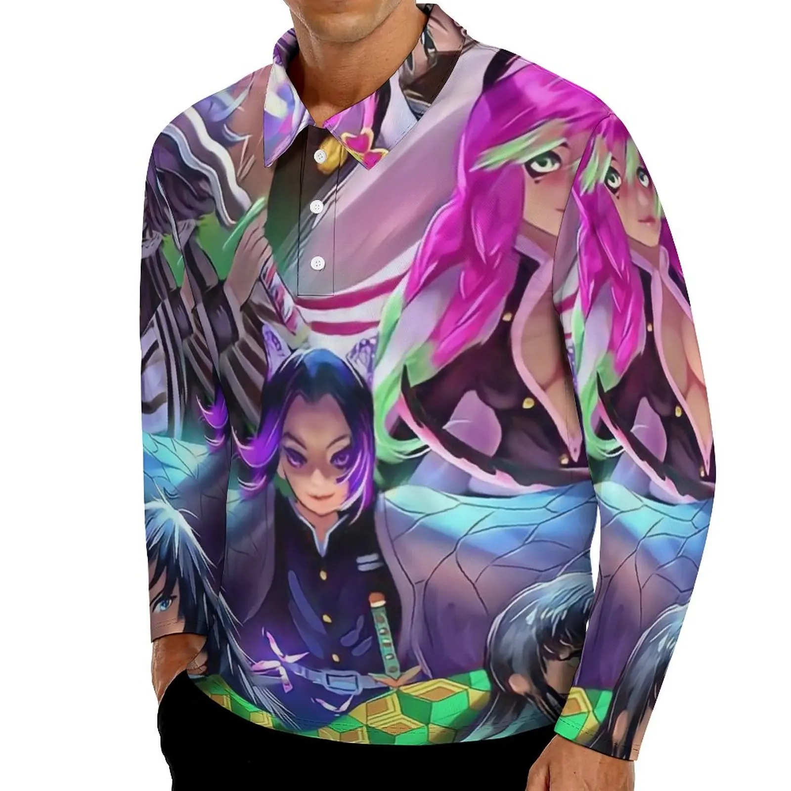 

Demon Slayer Print Casual T-Shirts Male Funny Anime Long Sleeve Polo Shirt Collar Trending Spring Graphic Shirt Plus Size