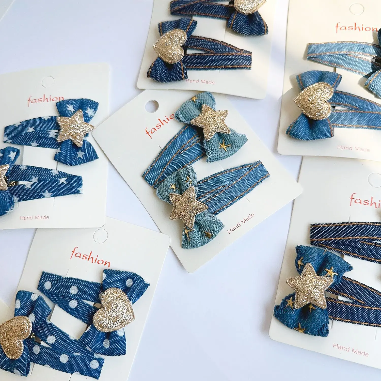 

Cool Denim Hair Bows Clip For Kids Glittery Stars Love Hairpins Jean Girls Hair Accessories