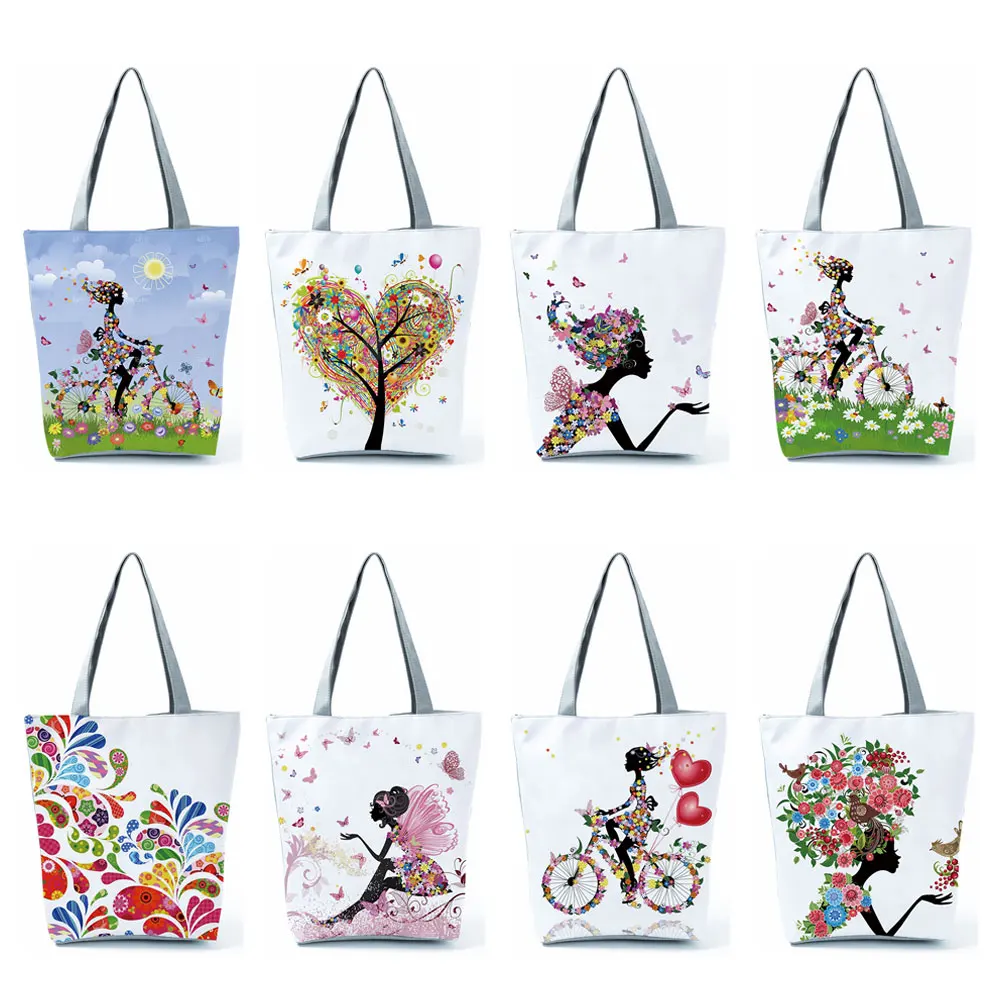 

Flower Girl Printed Handbags Eco Reusable Storage Shopping Bag Fashion Tote Bag Refreshing Women Shoulder Bag Customized Printed