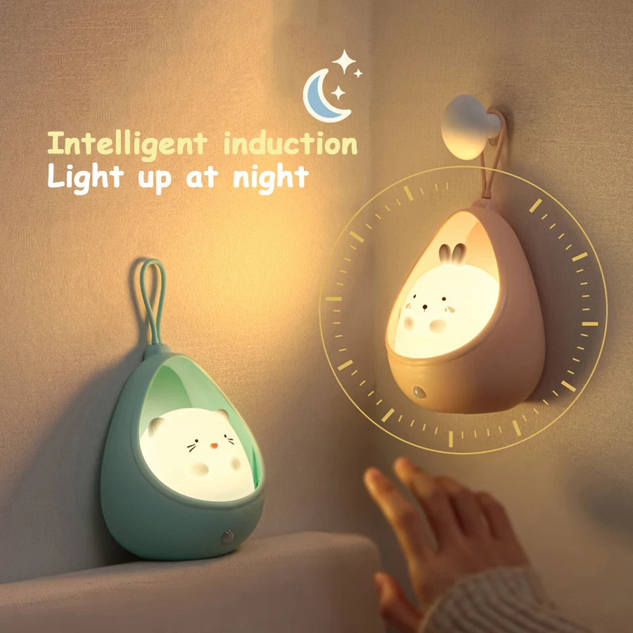 Cute Animal USB Night Light Human Induction Rechargeable Silicone LED Lamp with Sensor Control for Kids Bedroom Wall Lights