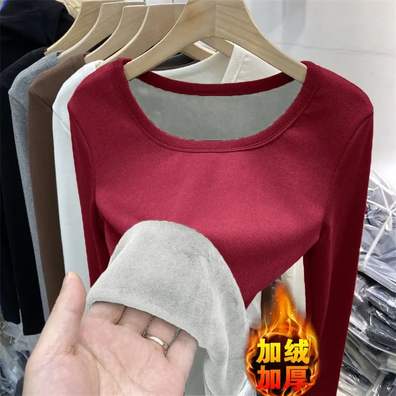 Women's Winter Fleece Thermal Underwear Top O-neck Sweater Super Soft Velvet with Solid Color Warm Knitted Bottoming Shirt