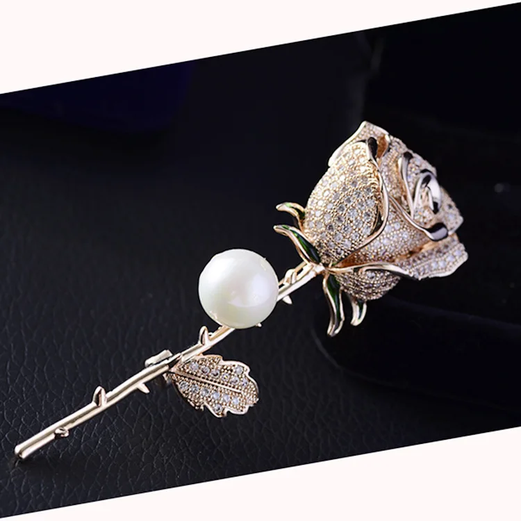 

Copper Inlaid Zircon Korean Version Temperament Imitation Shell Pearl Corsage Rose Brooch Pin Clothing Accessories Wholesale