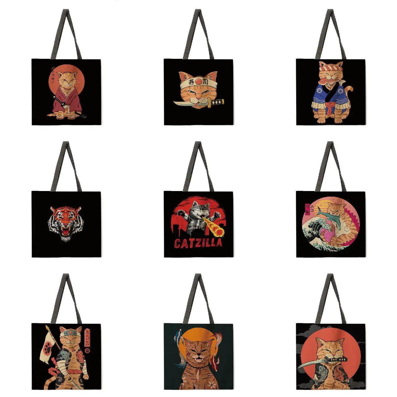 

Black Bottom Ukiyo-e Print Women's Designer Tote Bag Linen Reusable Shopping Bag Grocery Shoulder Bag Women
