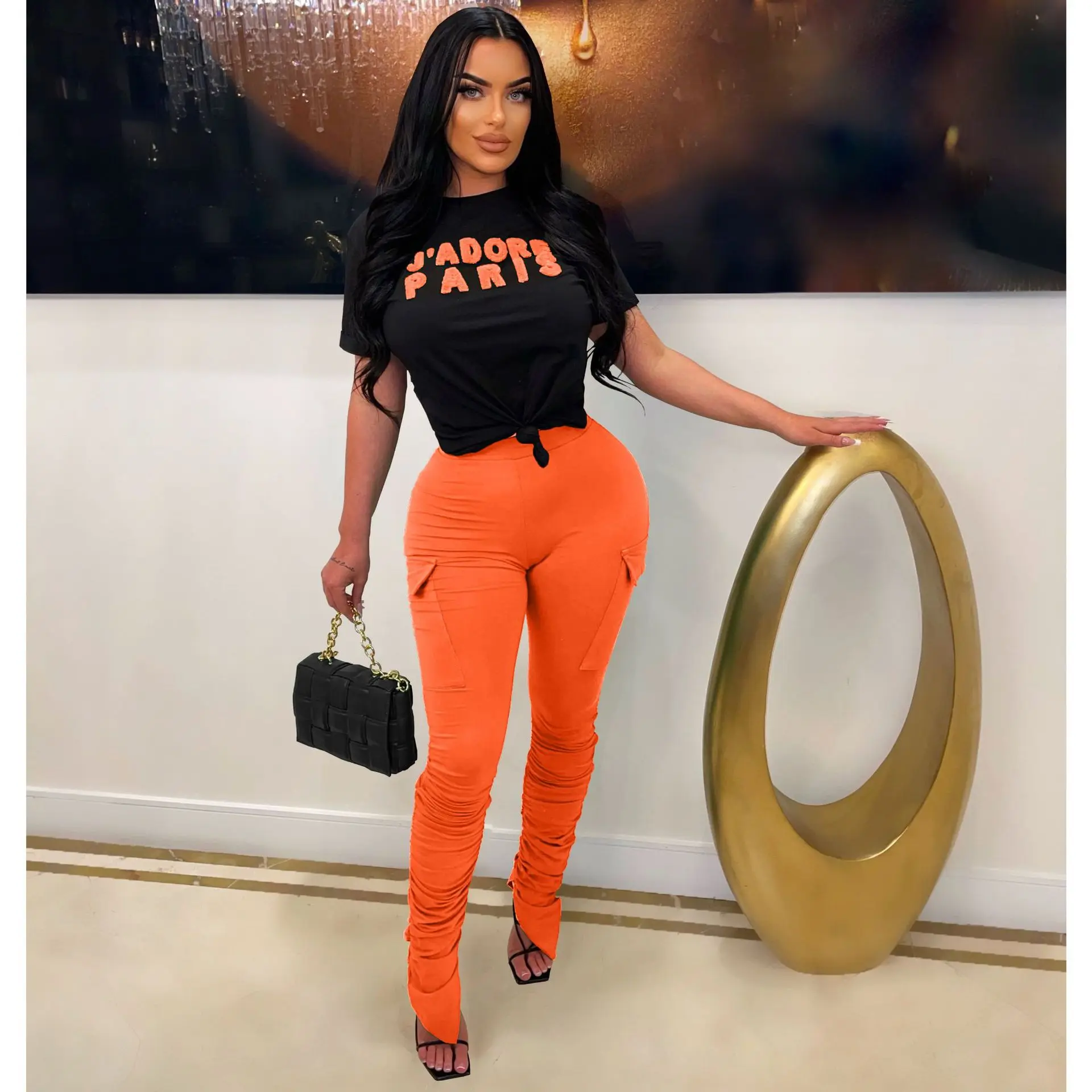 

Женский комплект из двух предметов, комплект из двух предметов, плиссированные Открытые брюки и махровые штаны с надписью, лето 2023