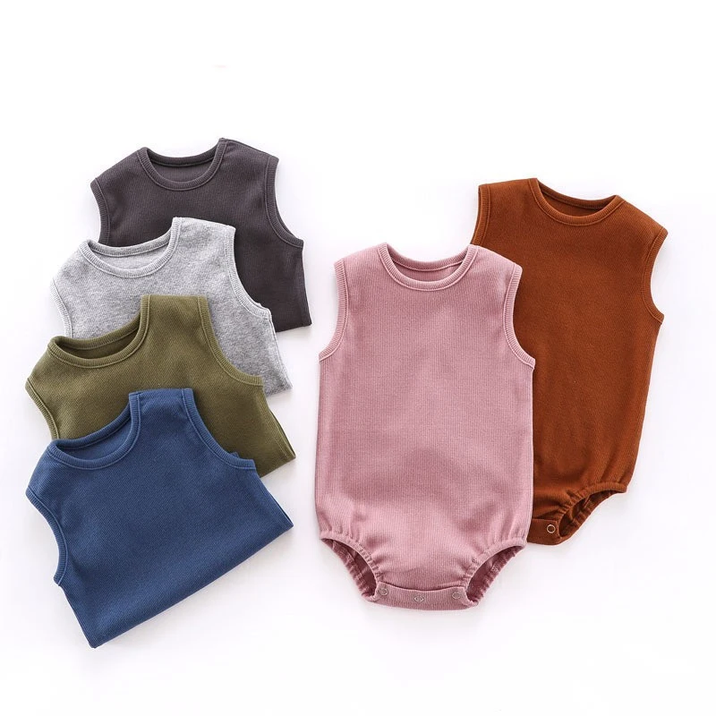 Baby Boys Clothing Summer Newborn Infants 0-12 Months Cotton Sleeveless Rib Onesie Solid Color Casual Style Baby Girls Bodysuits