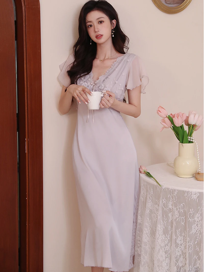 Women Summer Nighty Victorian Nightgowns Short Sleeve Mesh Ruffles V-Neck Backless Sexy Lace Silk Princess Pajamas Sleepwear