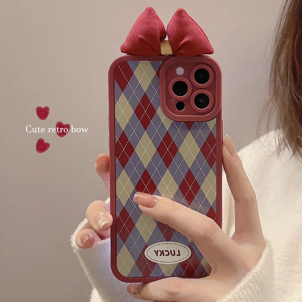 

Retro diamond Plaid geometry art sweet tie bow girls Phone Case For iPhone 13 12 11 Pro Max Xs Max XR X 7 8 Plus Case Cute Cover