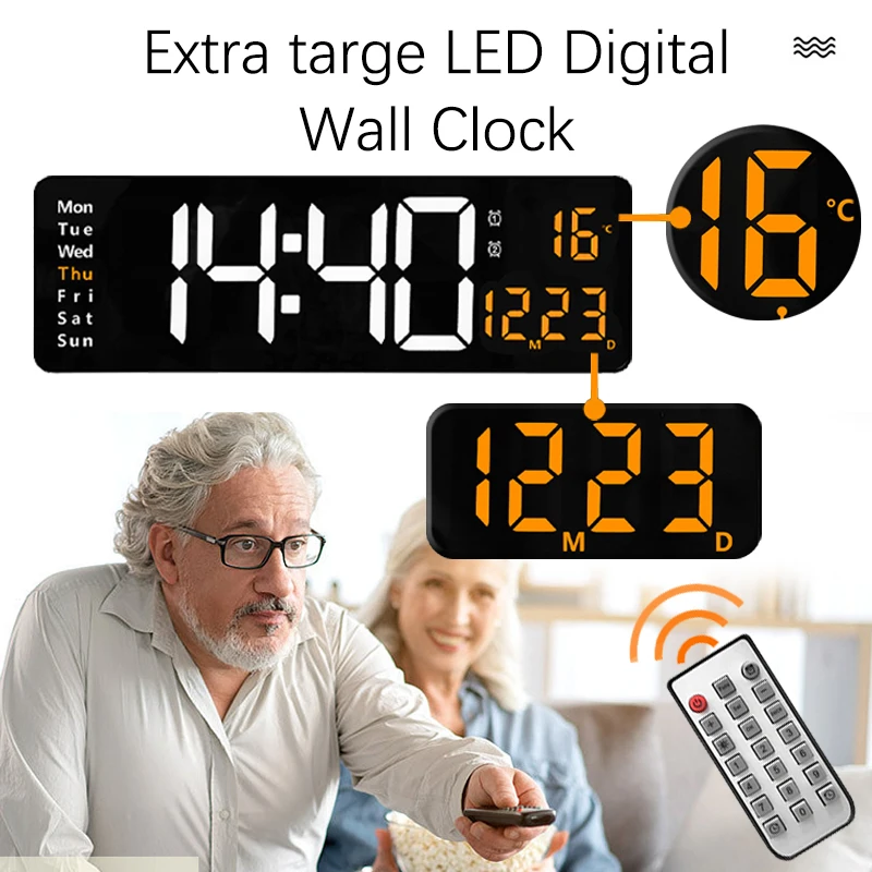 Reloj Digital de pared con pantalla LED, dispositivo electrónico con Control remoto, pantalla de memoria, temperatura, fecha, semana, alarma Dual montado en la pared