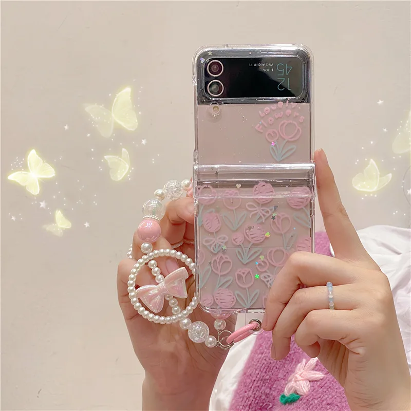 

Glitter Tulip Phone Case for Samsung Galaxy Z Flip 3 Z Flip 4 Hard PC Back Cover for ZFlip3 ZFlip4 Case Protective Shell