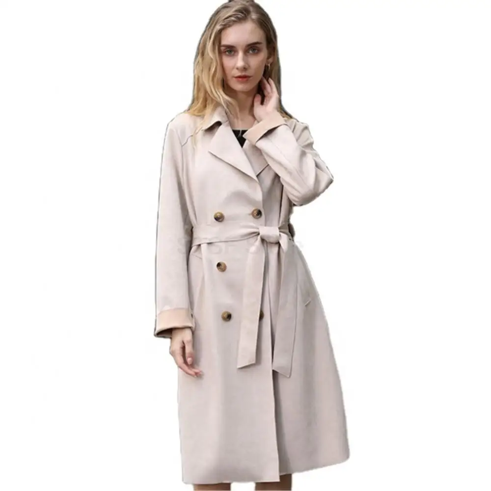 Women Winter Double Breasted Trench Real Leather Coat Long Lapel Belted Jacket Leisure Designer Thermal Pure Color Windbreake