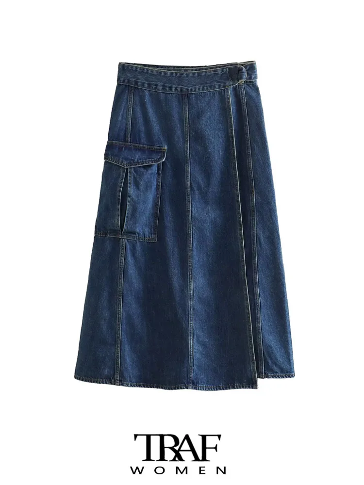 

Юбка-карго женская джинсовая средней длины с боковыми карманами и высокой талией