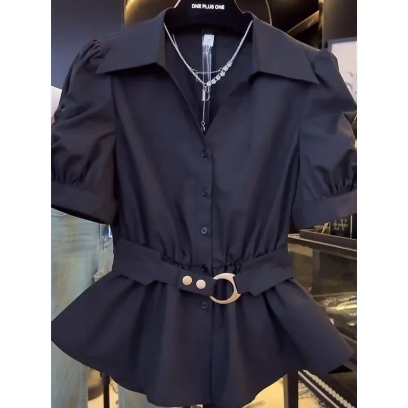 Женская рубашка с пышными рукавами и воротником-фонариком |